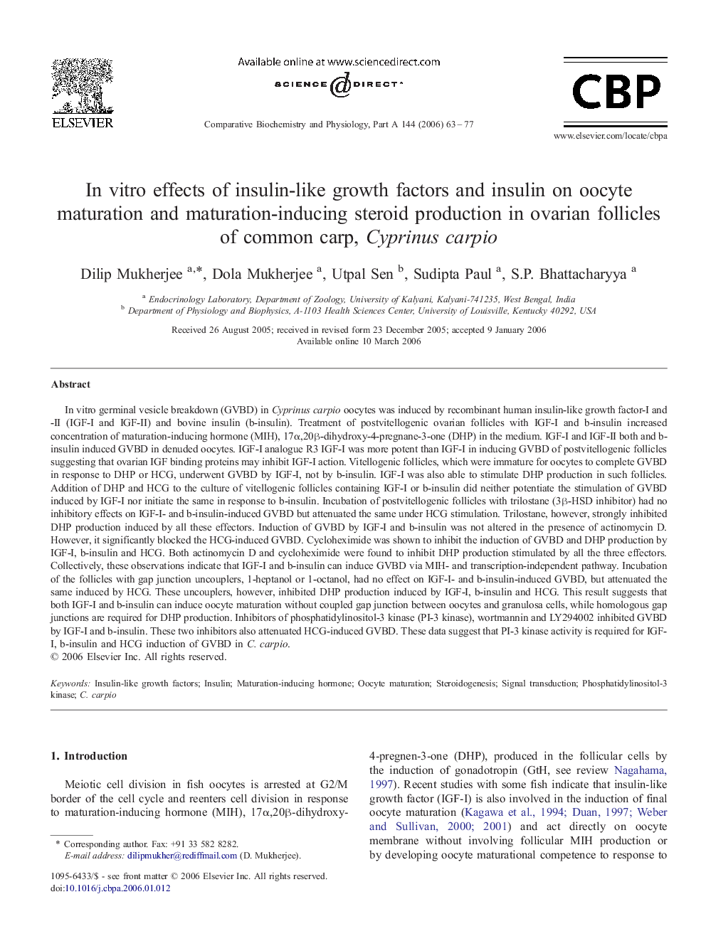 In vitro effects of insulin-like growth factors and insulin on oocyte maturation and maturation-inducing steroid production in ovarian follicles of common carp, Cyprinus carpio