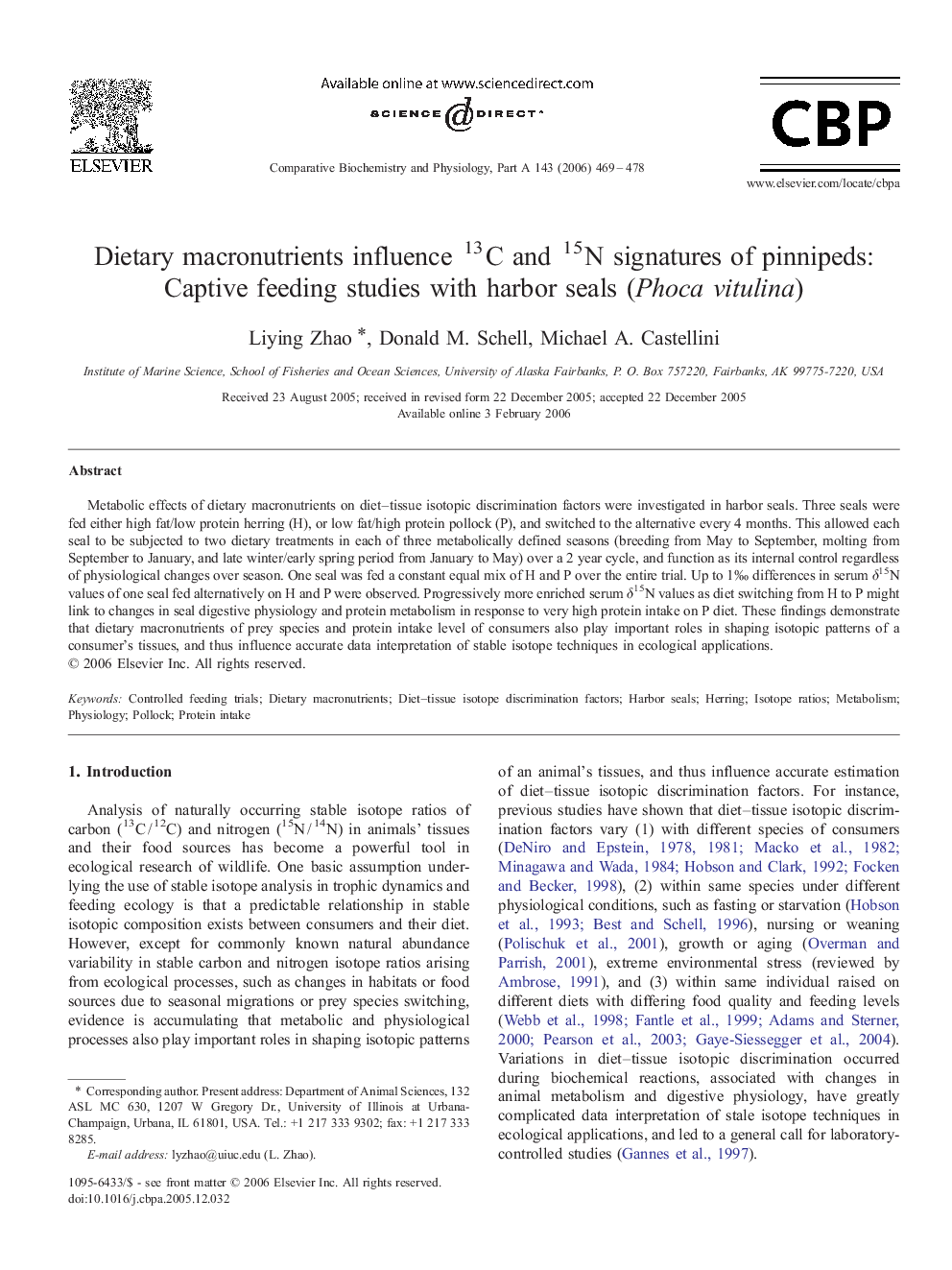 Dietary macronutrients influence 13C and 15N signatures of pinnipeds: Captive feeding studies with harbor seals (Phoca vitulina)