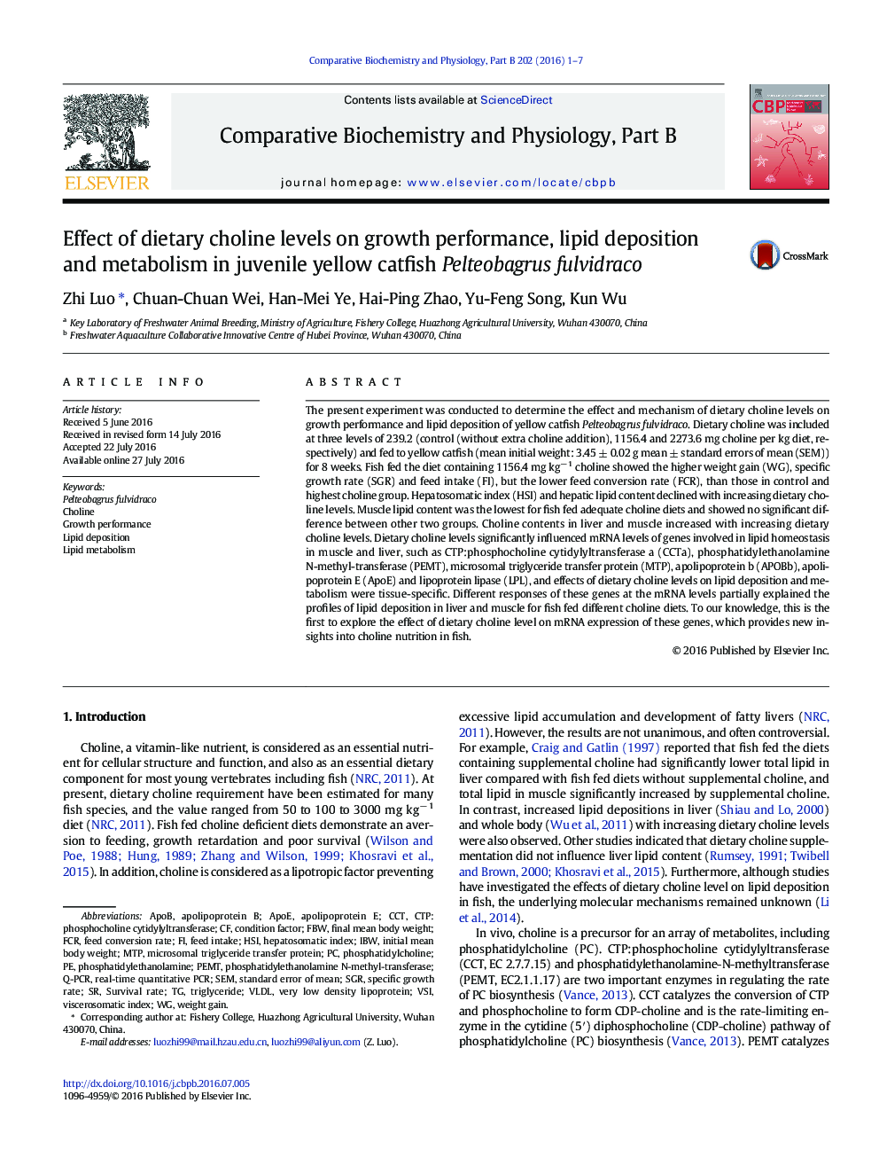 Effect of dietary choline levels on growth performance, lipid deposition and metabolism in juvenile yellow catfish Pelteobagrus fulvidraco