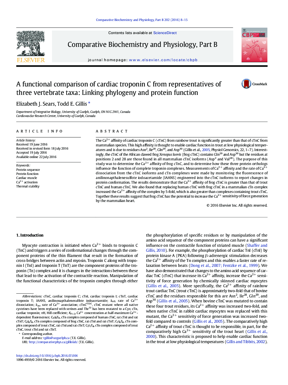 A functional comparison of cardiac troponin C from representatives of three vertebrate taxa: Linking phylogeny and protein function