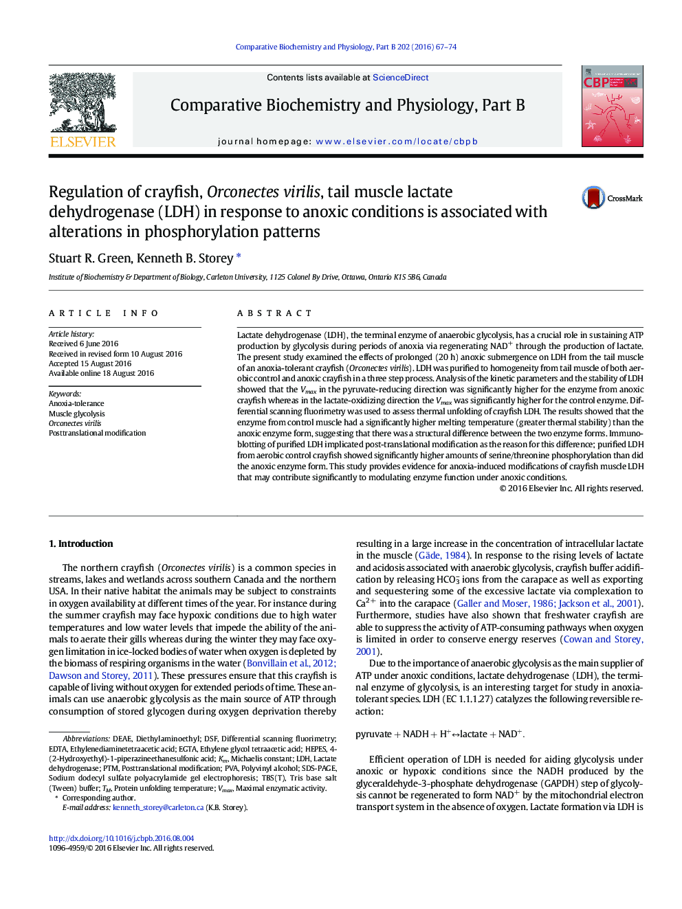 Regulation of crayfish, Orconectes virilis, tail muscle lactate dehydrogenase (LDH) in response to anoxic conditions is associated with alterations in phosphorylation patterns