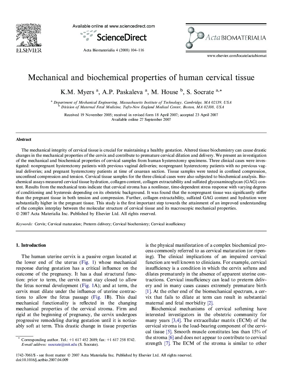 Mechanical and biochemical properties of human cervical tissue