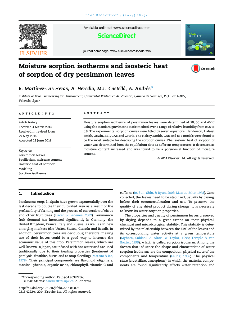 Moisture sorption isotherms and isosteric heat of sorption of dry persimmon leaves