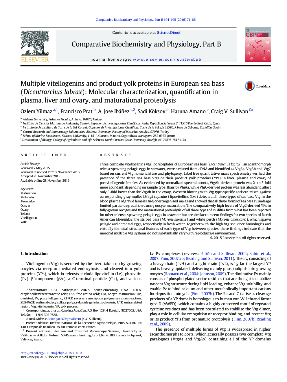 Multiple vitellogenins and product yolk proteins in European sea bass (Dicentrarchus labrax): Molecular characterization, quantification in plasma, liver and ovary, and maturational proteolysis