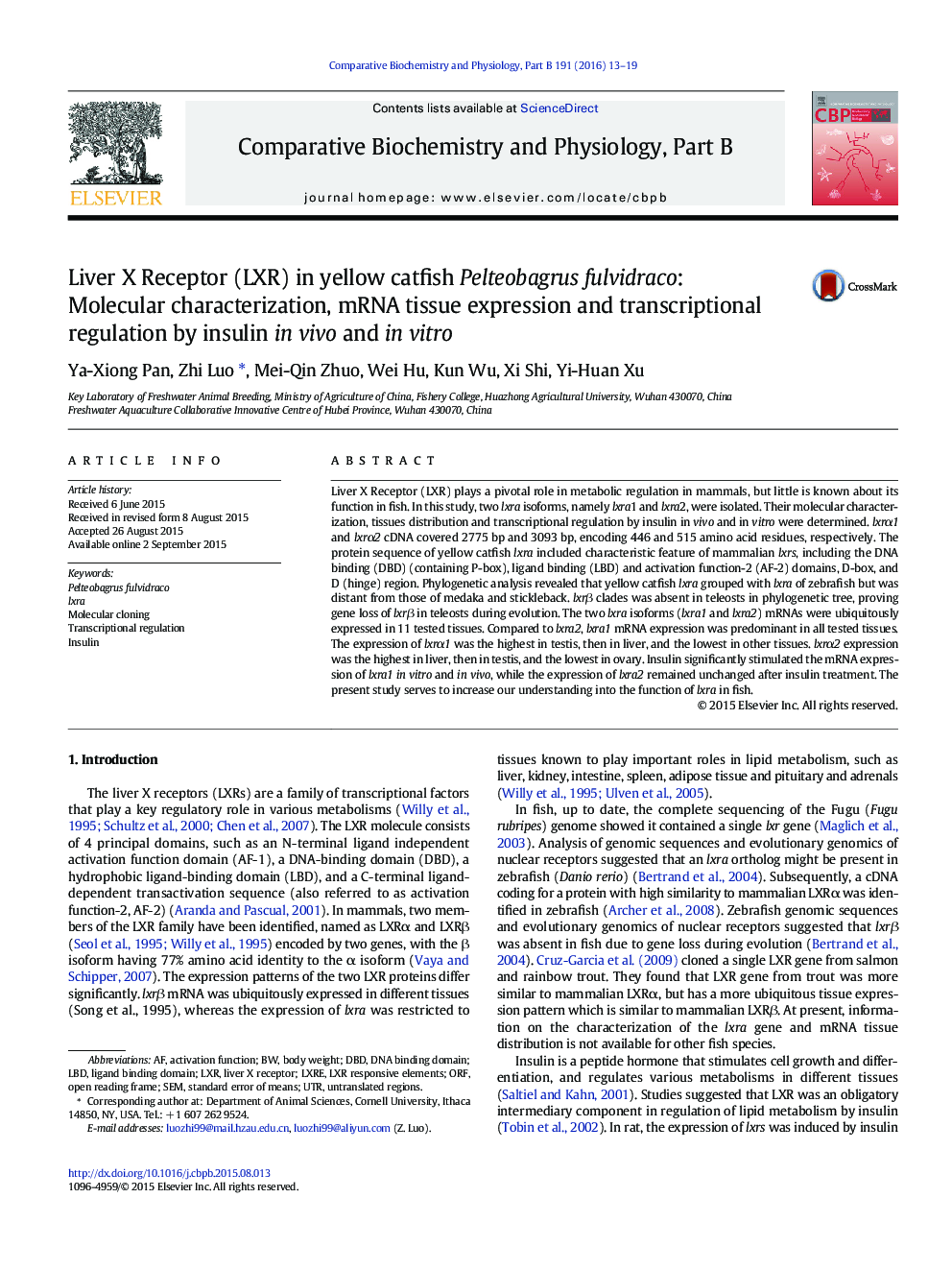 Liver X Receptor (LXR) in yellow catfish Pelteobagrus fulvidraco: Molecular characterization, mRNA tissue expression and transcriptional regulation by insulin in vivo and in vitro