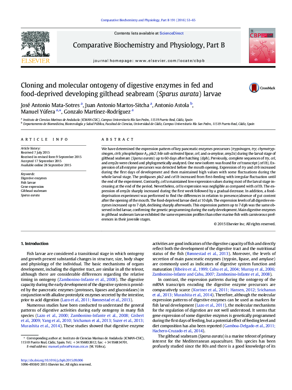 Cloning and molecular ontogeny of digestive enzymes in fed and food-deprived developing gilthead seabream (Sparus aurata) larvae