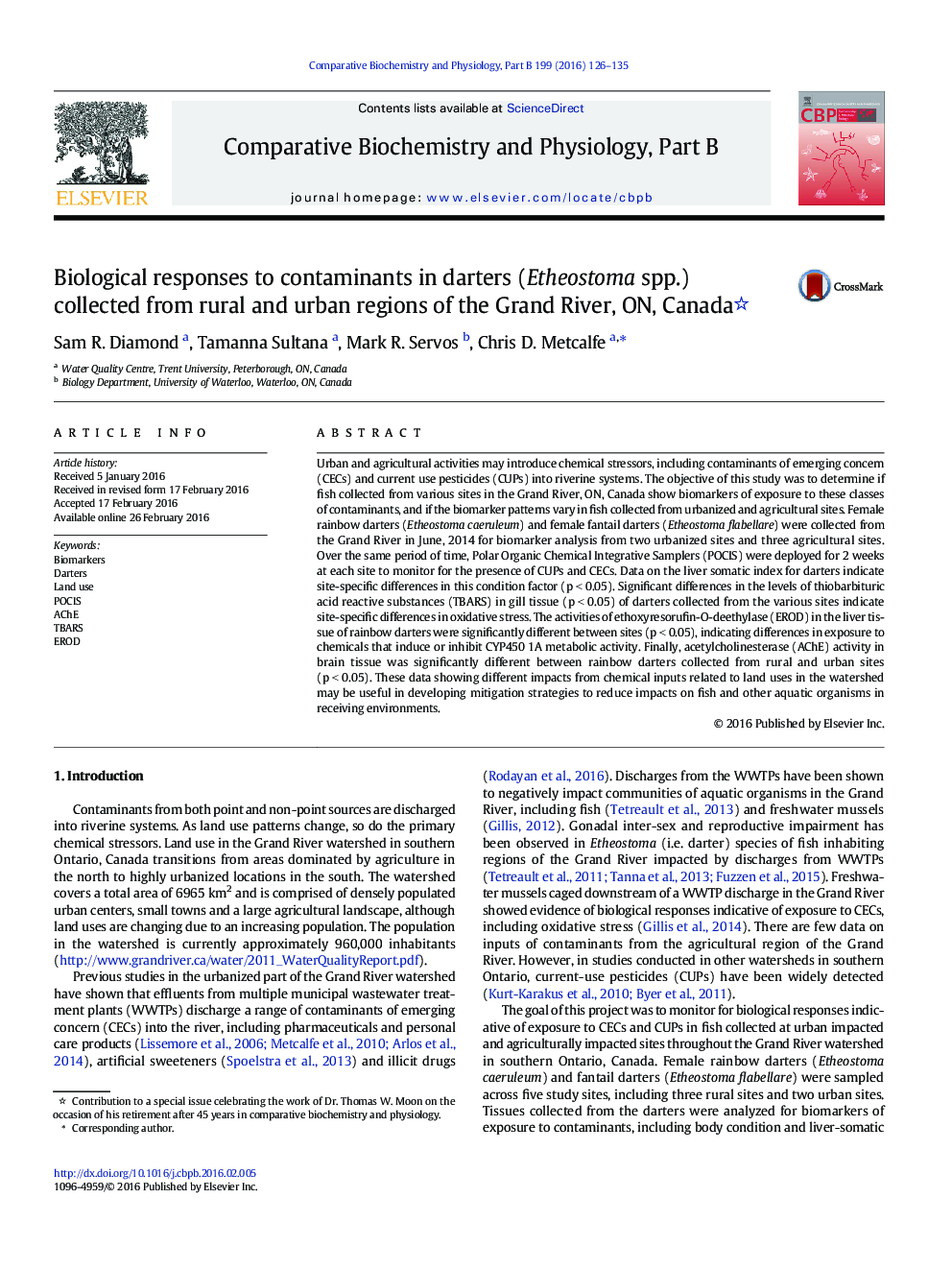 Biological responses to contaminants in darters (Etheostoma spp.) collected from rural and urban regions of the Grand River, ON, Canada 