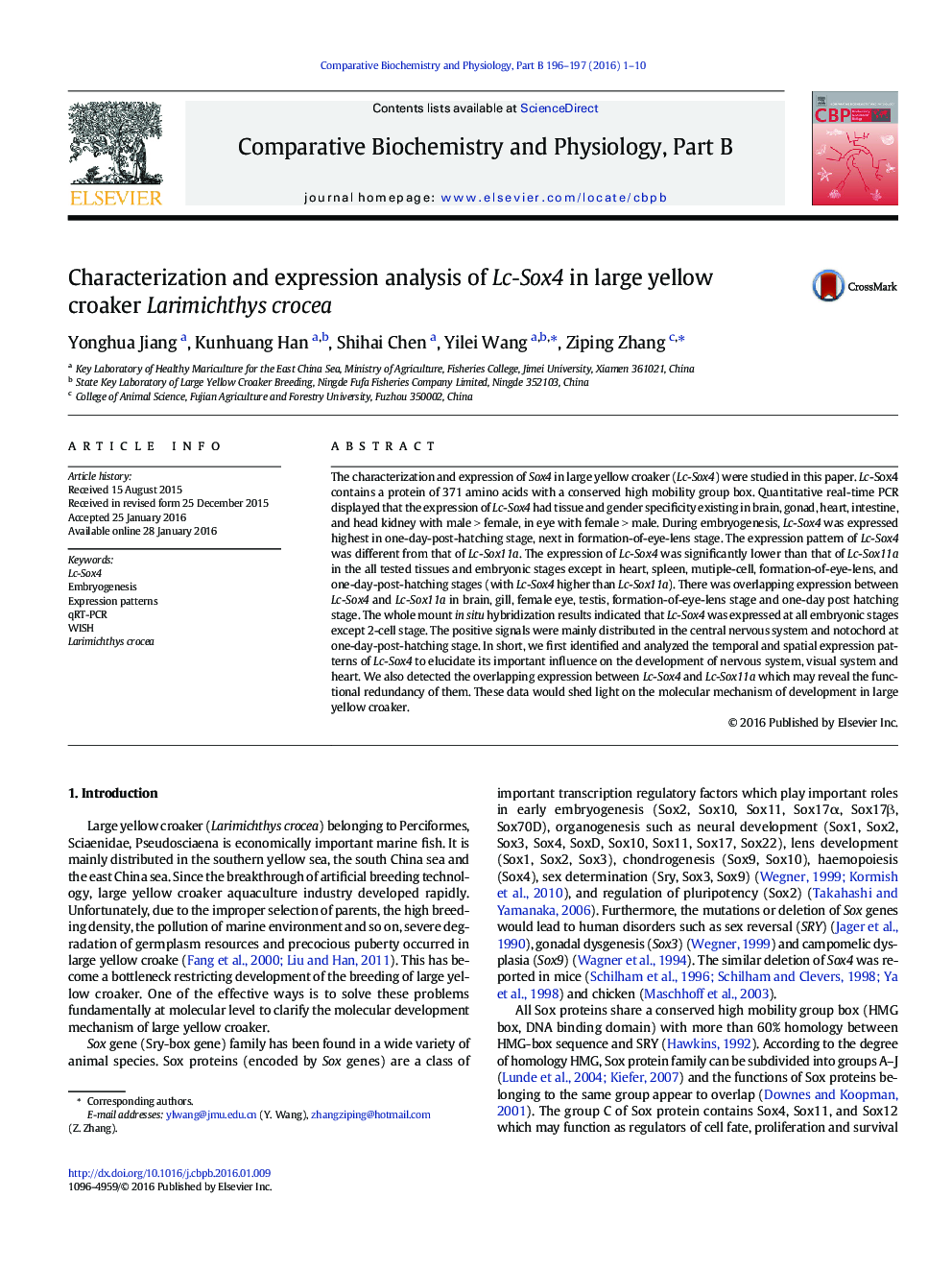 Characterization and expression analysis of Lc-Sox4 in large yellow croaker Larimichthys crocea