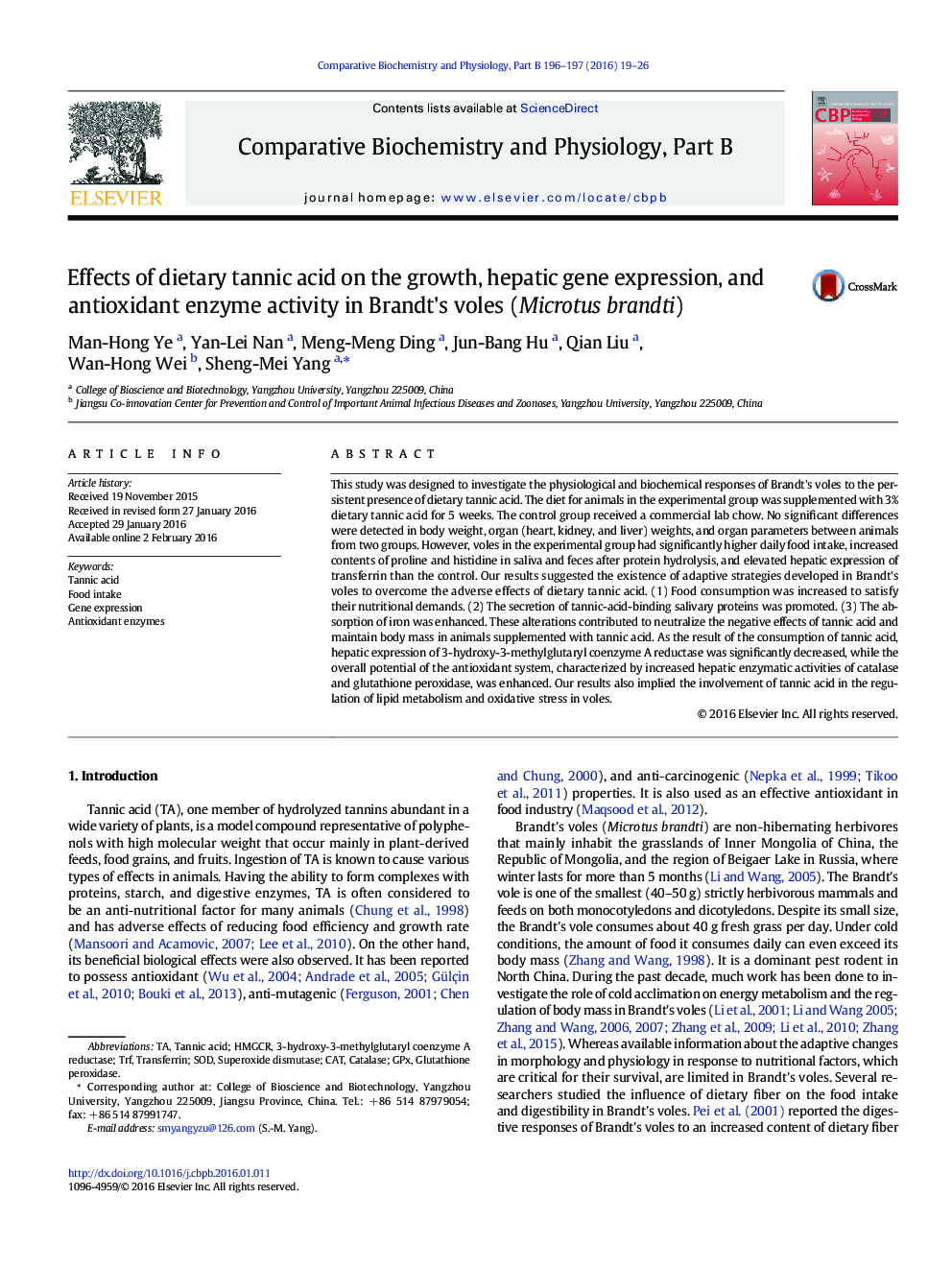 Effects of dietary tannic acid on the growth, hepatic gene expression, and antioxidant enzyme activity in Brandt's voles (Microtus brandti)