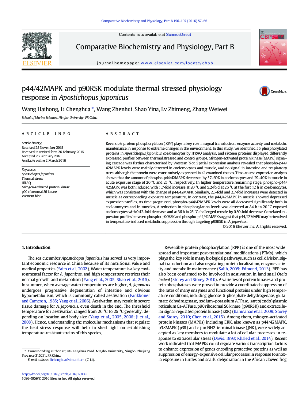 p44/42MAPK and p90RSK modulate thermal stressed physiology response in Apostichopus japonicus