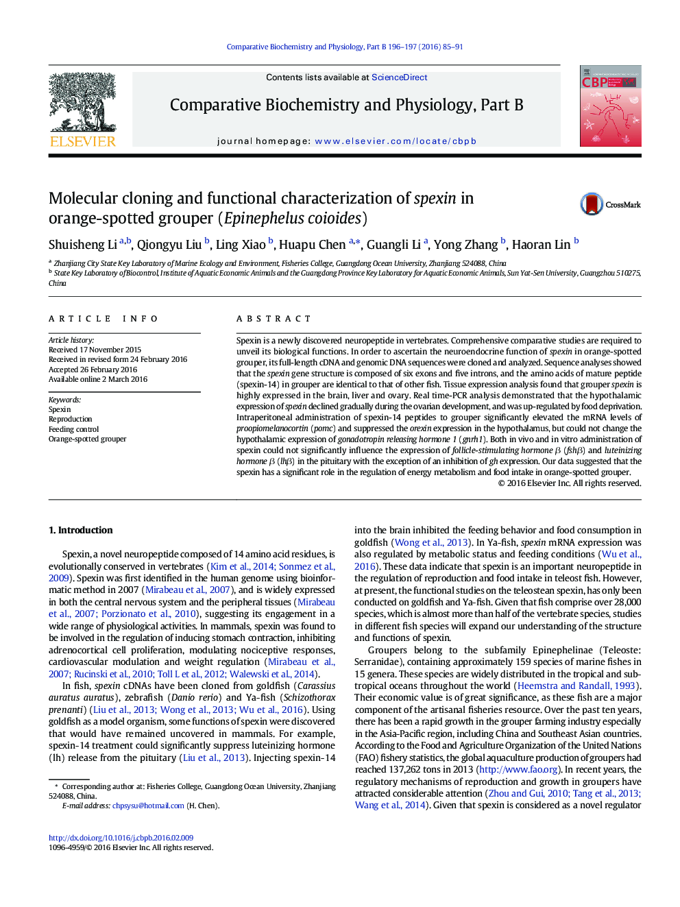 Molecular cloning and functional characterization of spexin in orange-spotted grouper (Epinephelus coioides)