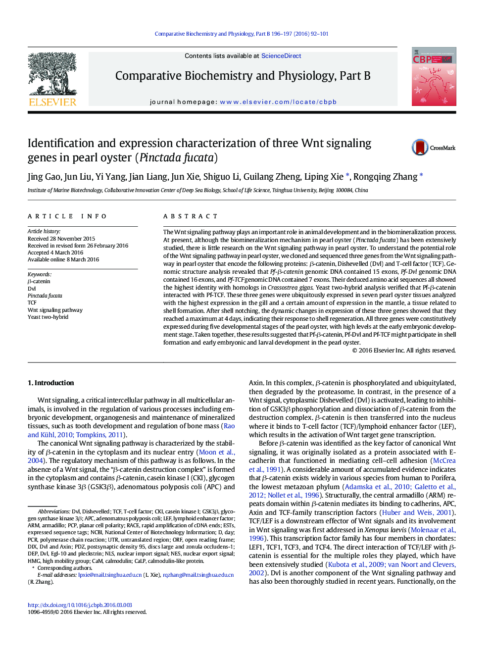 Identification and expression characterization of three Wnt signaling genes in pearl oyster (Pinctada fucata)