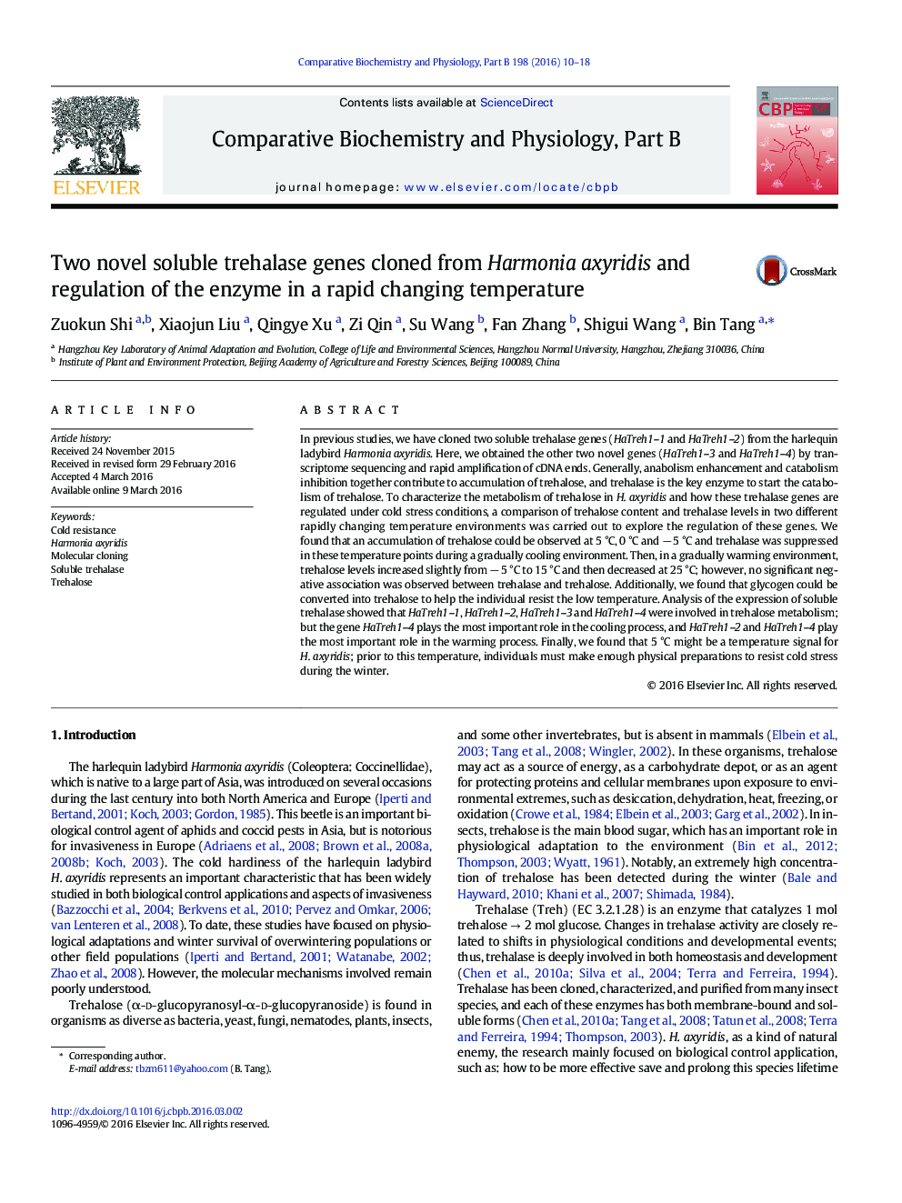 Two novel soluble trehalase genes cloned from Harmonia axyridis and regulation of the enzyme in a rapid changing temperature