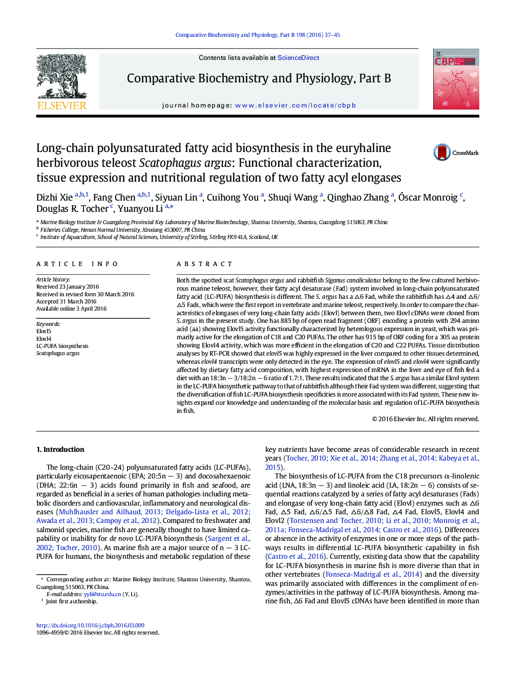 Long-chain polyunsaturated fatty acid biosynthesis in the euryhaline herbivorous teleost Scatophagus argus: Functional characterization, tissue expression and nutritional regulation of two fatty acyl elongases