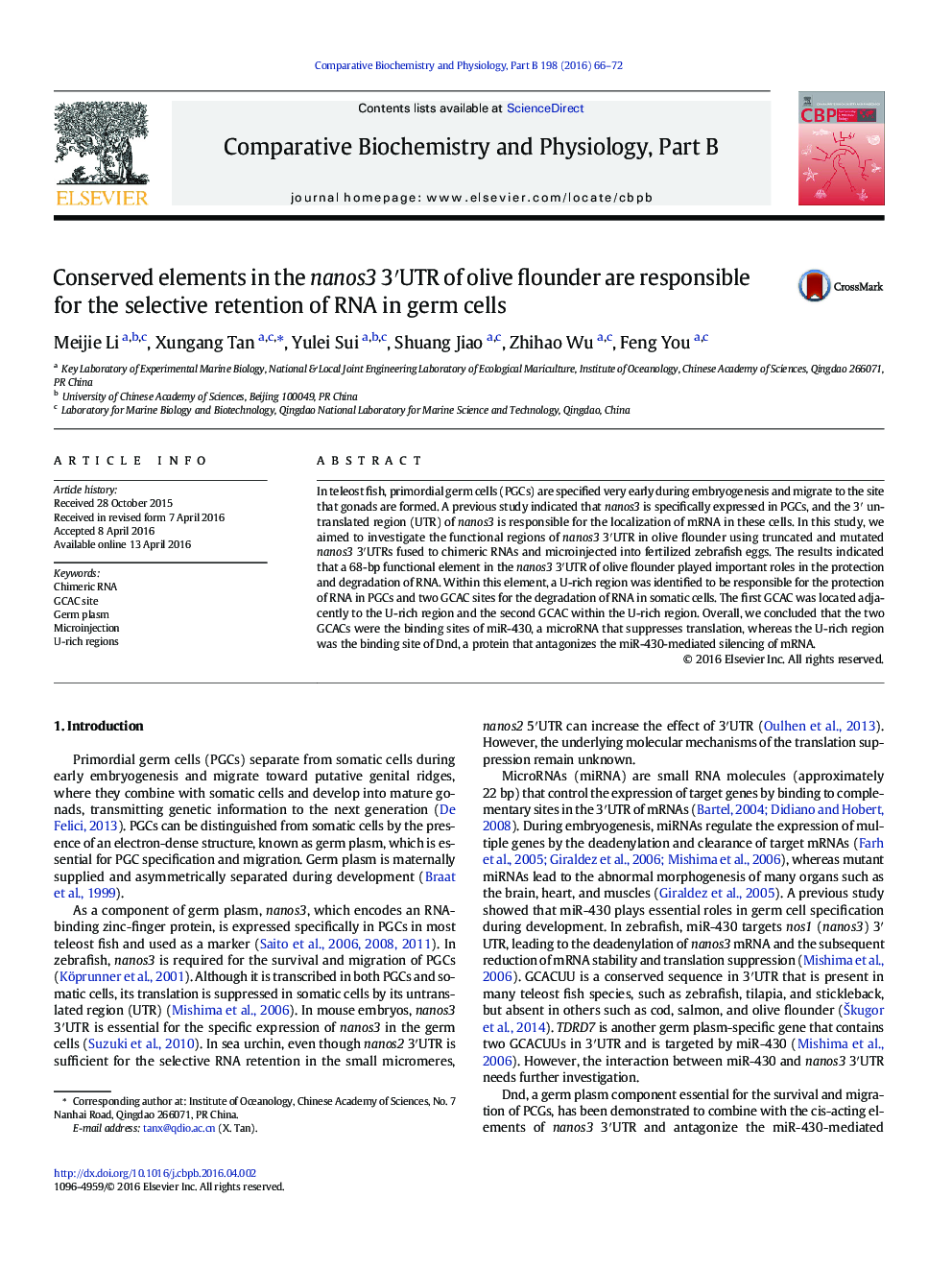 Conserved elements in the nanos3 3′UTR of olive flounder are responsible for the selective retention of RNA in germ cells