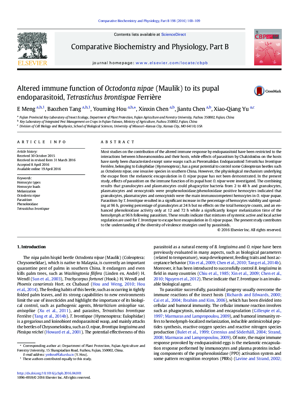 Altered immune function of Octodonta nipae (Maulik) to its pupal endoparasitoid, Tetrastichus brontispae Ferrière