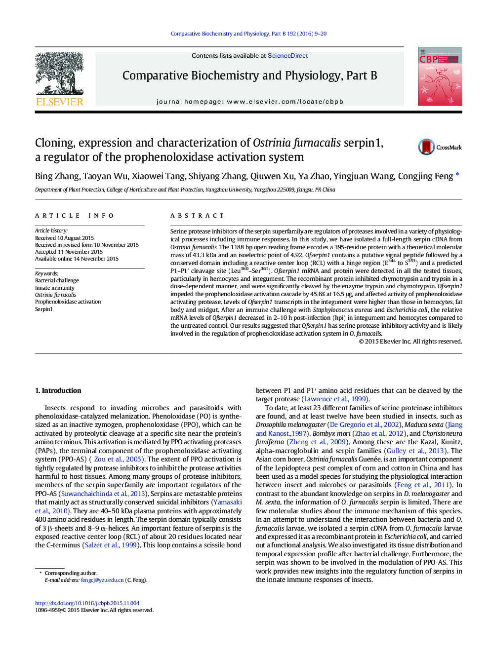 Cloning, expression and characterization of Ostrinia furnacalis serpin1, a regulator of the prophenoloxidase activation system