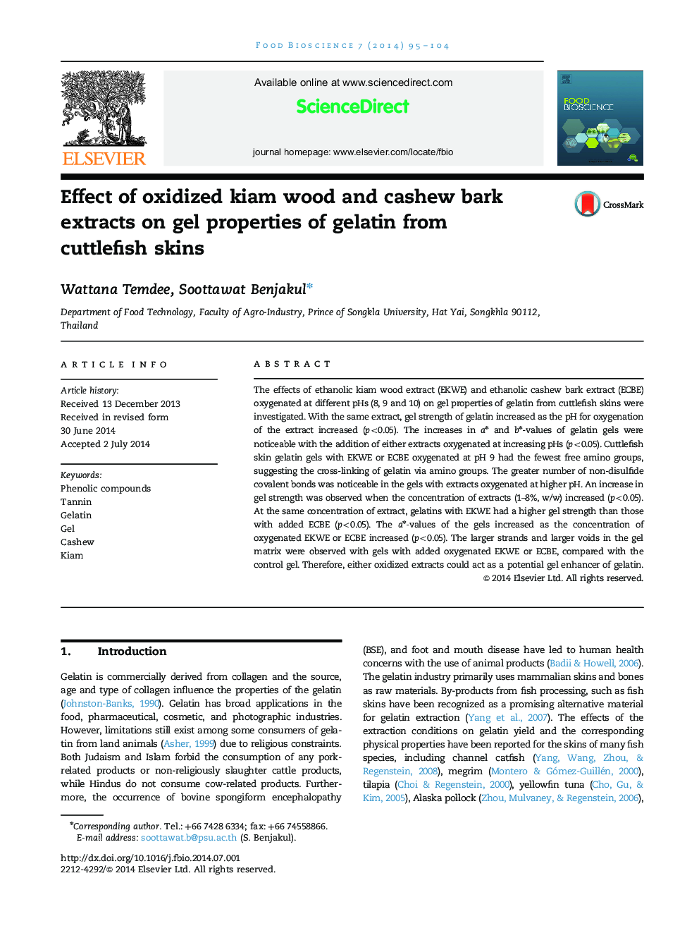 Effect of oxidized kiam wood and cashew bark extracts on gel properties of gelatin from cuttlefish skins