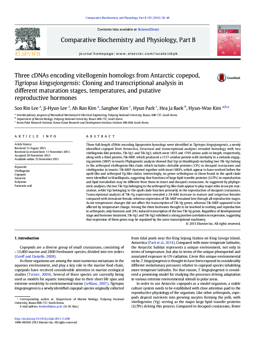 Three cDNAs encoding vitellogenin homologs from Antarctic copepod, Tigriopus kingsejongensis: Cloning and transcriptional analysis in different maturation stages, temperatures, and putative reproductive hormones