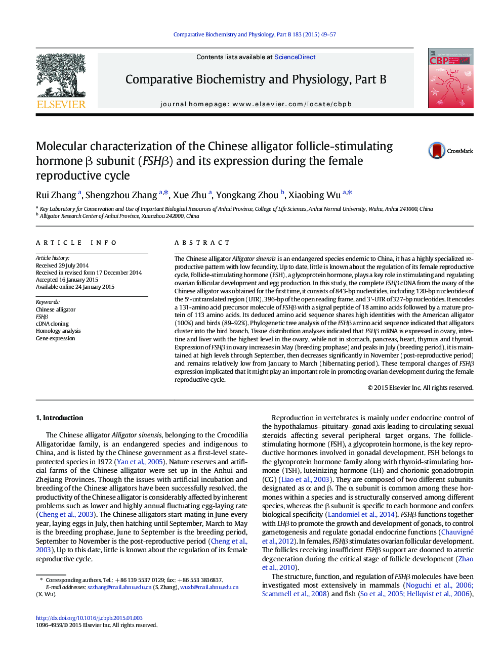 Molecular characterization of the Chinese alligator follicle-stimulating hormone β subunit (FSHβ) and its expression during the female reproductive cycle