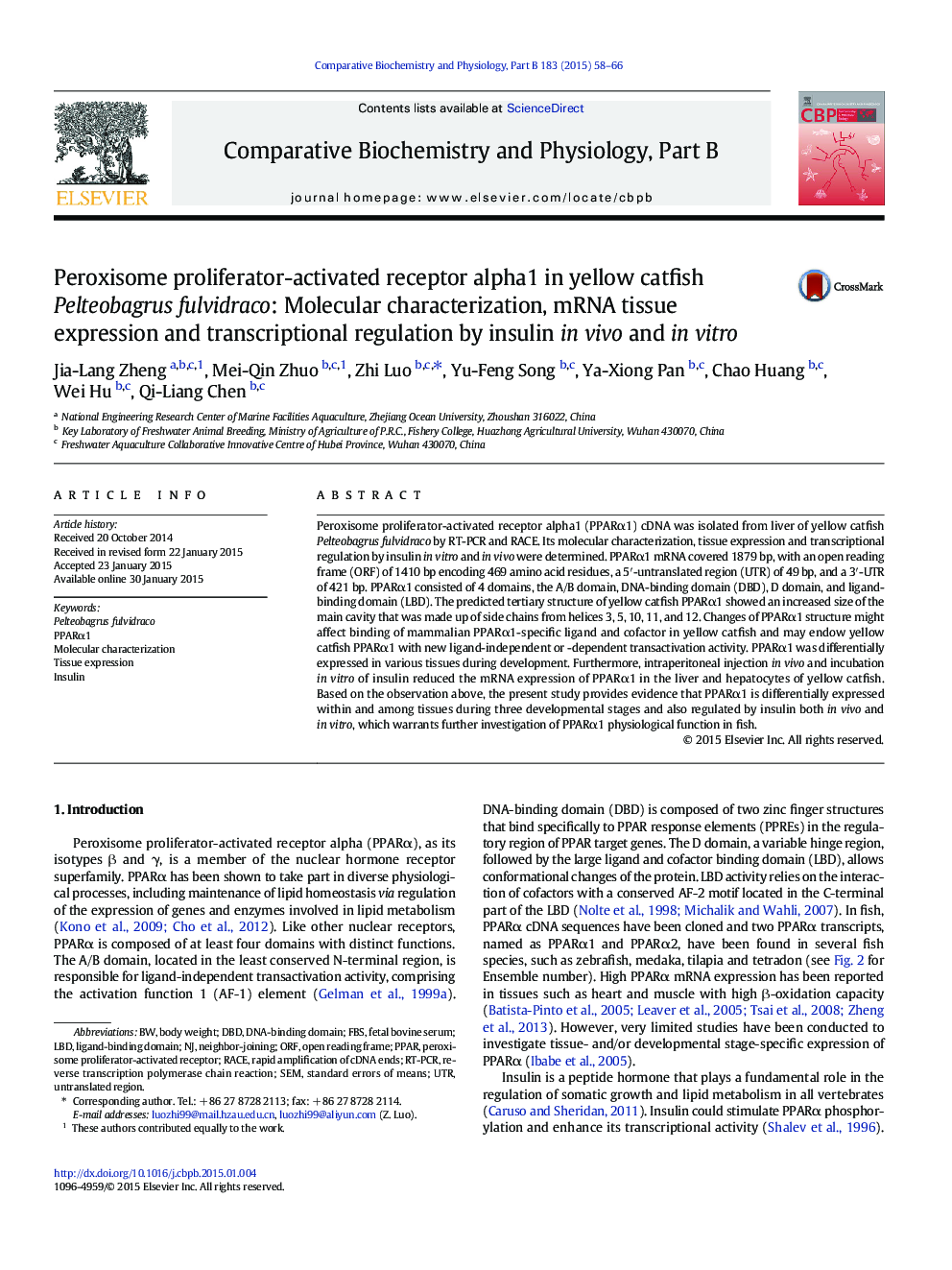 Peroxisome proliferator-activated receptor alpha1 in yellow catfish Pelteobagrus fulvidraco: Molecular characterization, mRNA tissue expression and transcriptional regulation by insulin in vivo and in vitro