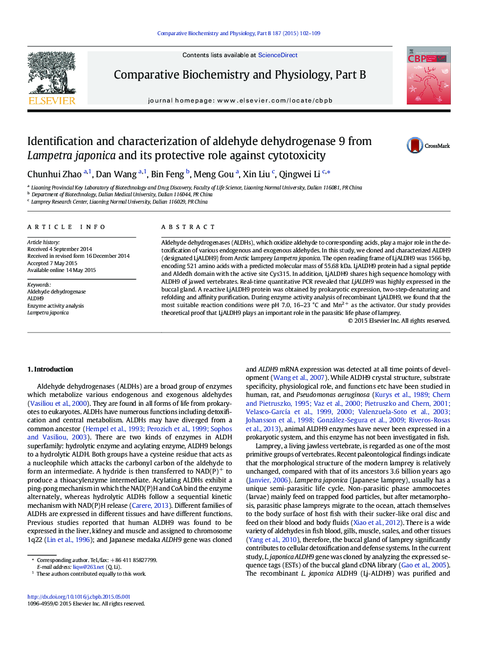 Identification and characterization of aldehyde dehydrogenase 9 from Lampetra japonica and its protective role against cytotoxicity