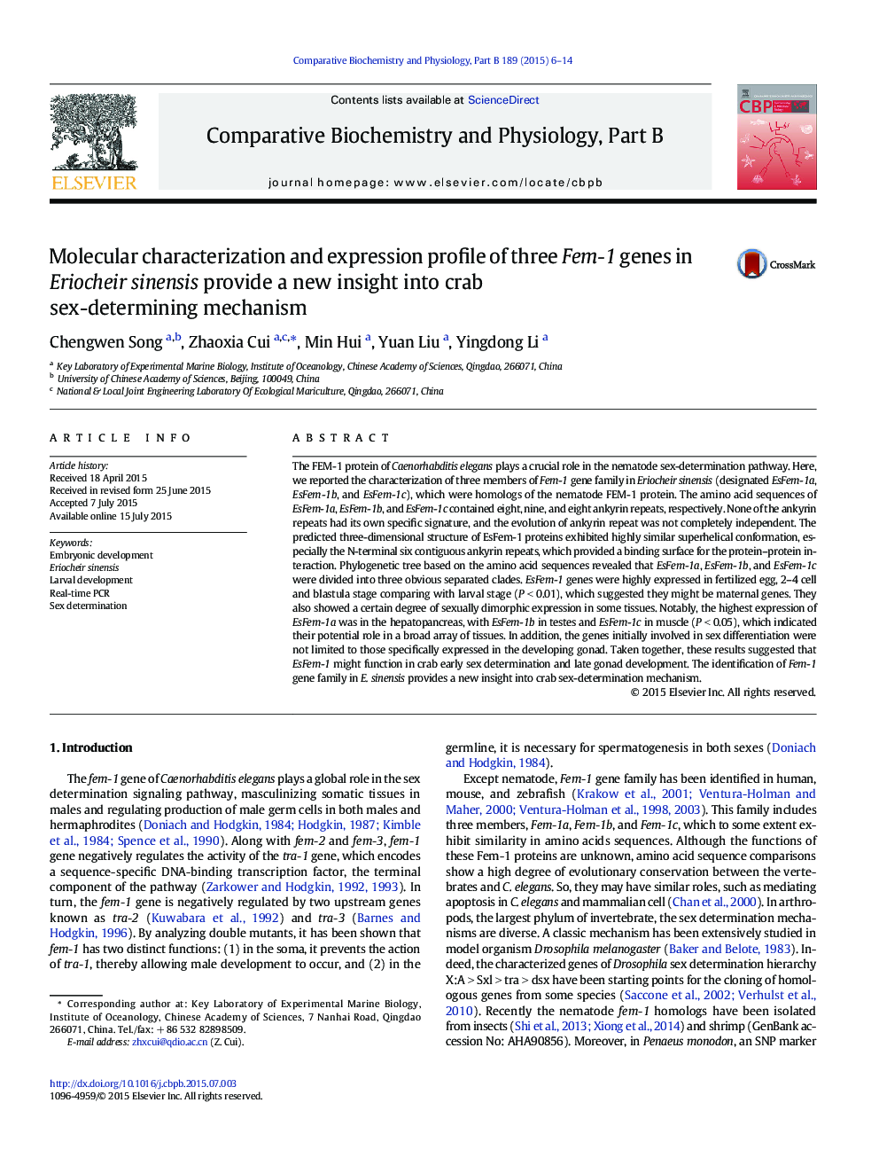 Molecular characterization and expression profile of three Fem-1 genes in Eriocheir sinensis provide a new insight into crab sex-determining mechanism