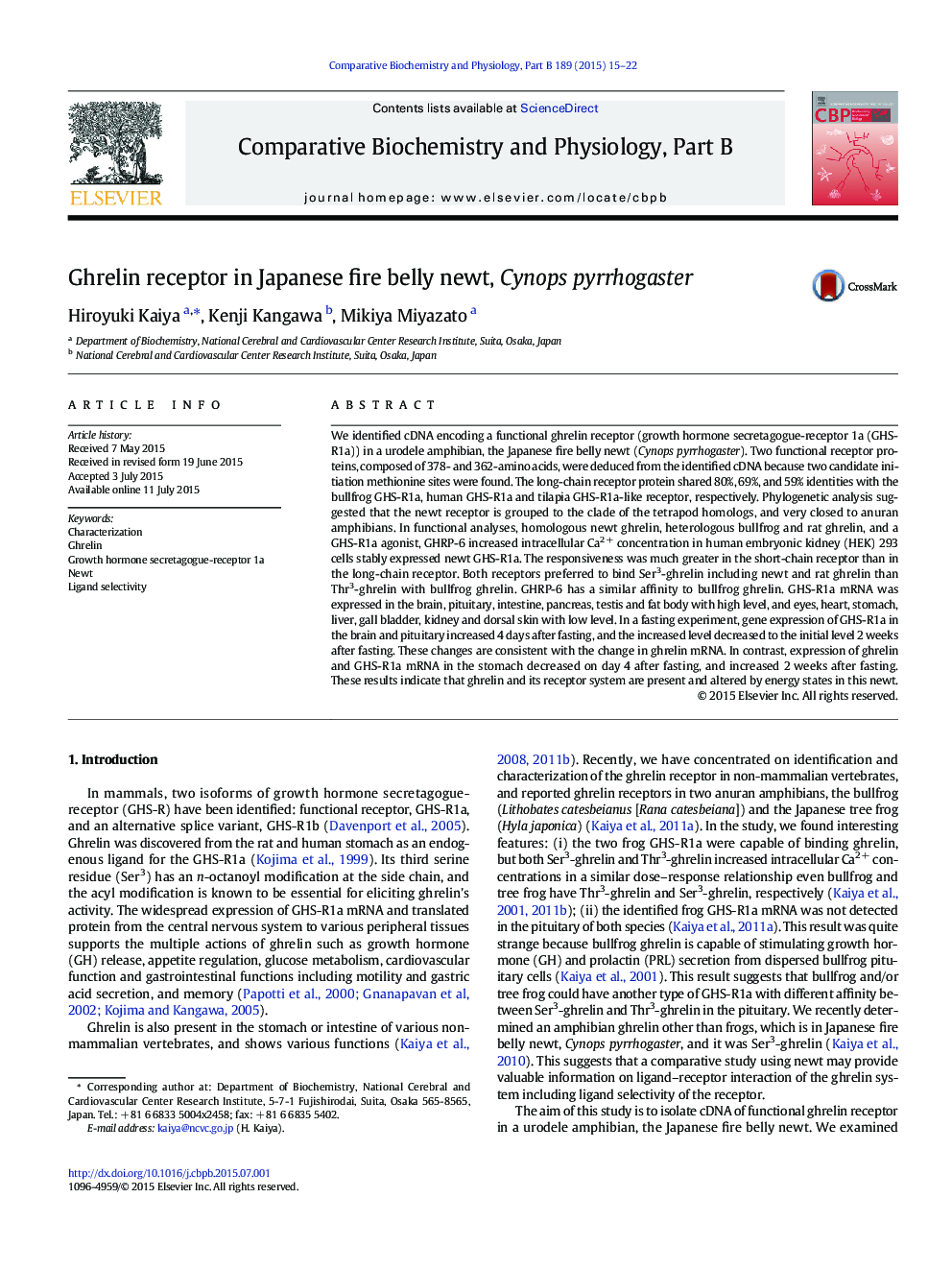 Ghrelin receptor in Japanese fire belly newt, Cynops pyrrhogaster