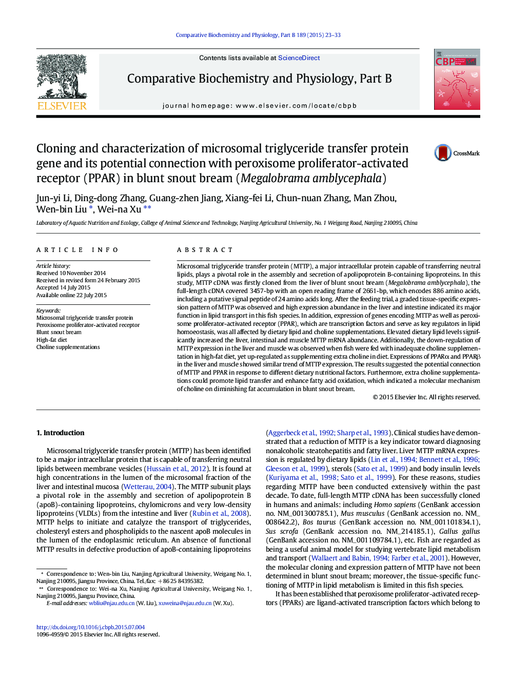 Cloning and characterization of microsomal triglyceride transfer protein gene and its potential connection with peroxisome proliferator-activated receptor (PPAR) in blunt snout bream (Megalobrama amblycephala)