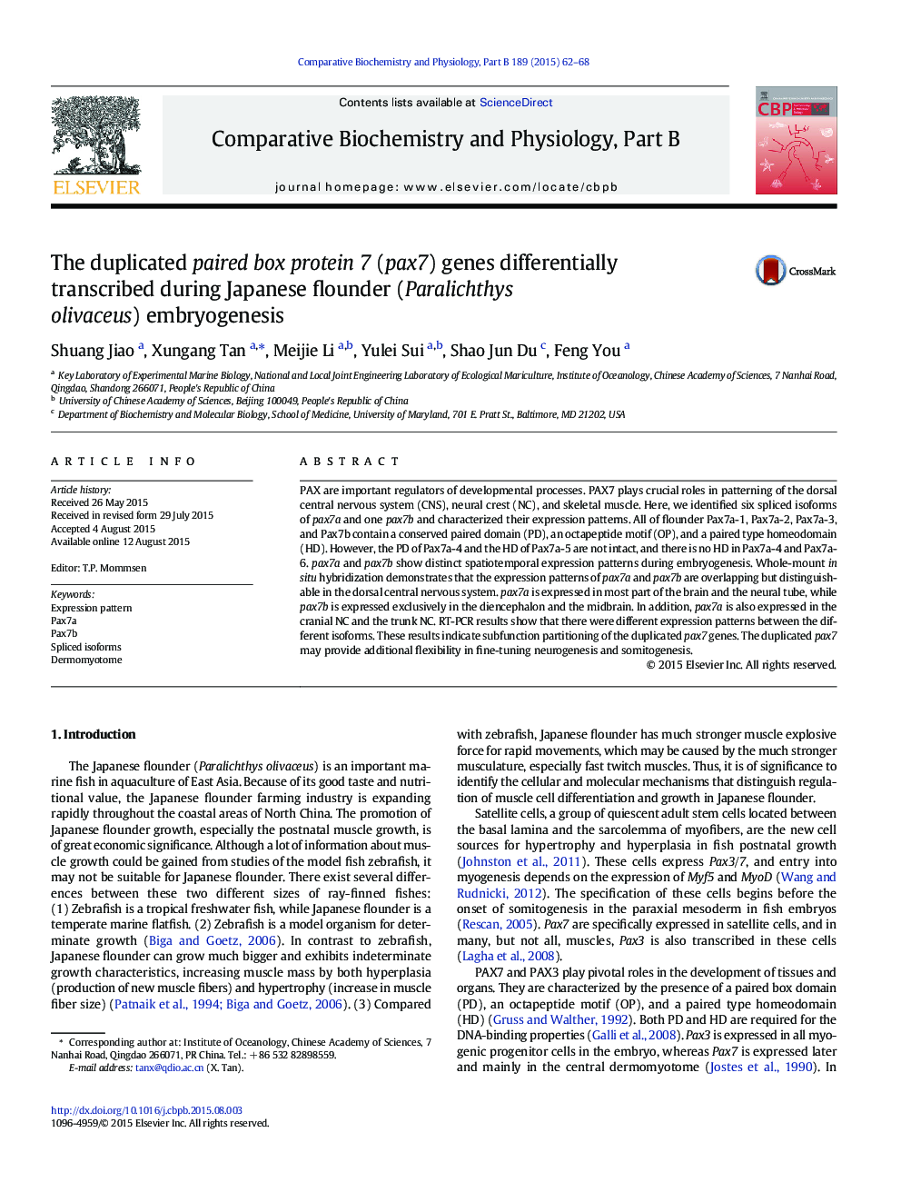 The duplicated paired box protein 7 (pax7) genes differentially transcribed during Japanese flounder (Paralichthys olivaceus) embryogenesis