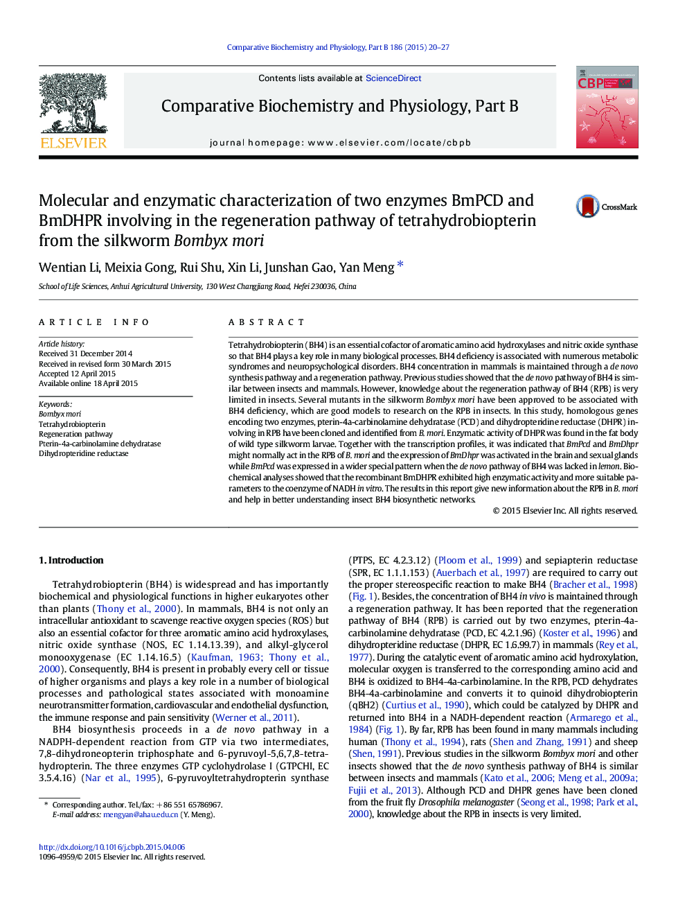 Molecular and enzymatic characterization of two enzymes BmPCD and BmDHPR involving in the regeneration pathway of tetrahydrobiopterin from the silkworm Bombyx mori