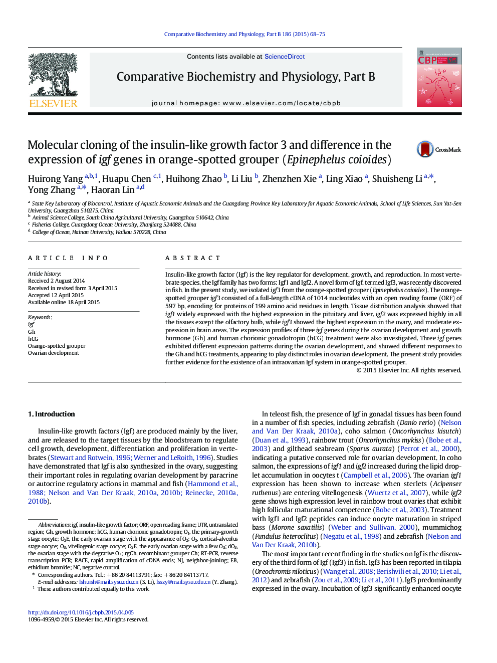 Molecular cloning of the insulin-like growth factor 3 and difference in the expression of igf genes in orange-spotted grouper (Epinephelus coioides)