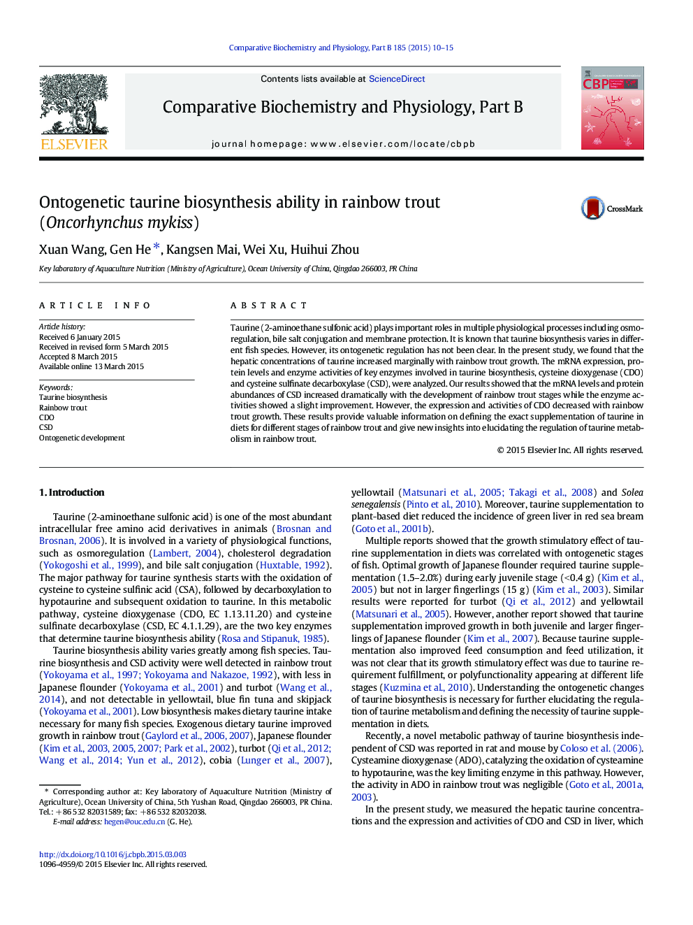 Ontogenetic taurine biosynthesis ability in rainbow trout (Oncorhynchus mykiss)