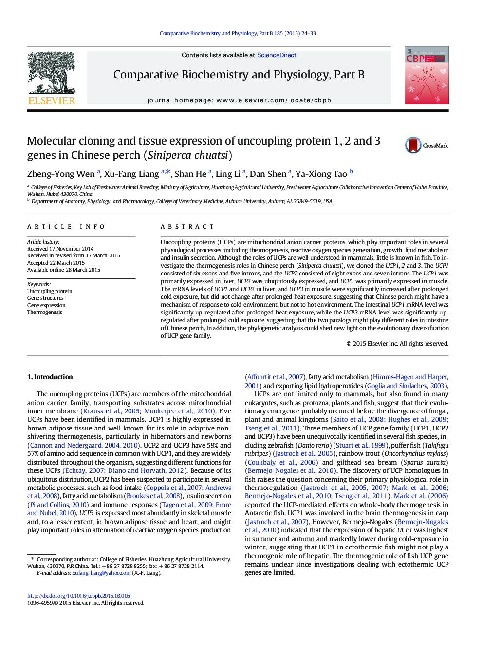 Molecular cloning and tissue expression of uncoupling protein 1, 2 and 3 genes in Chinese perch (Siniperca chuatsi)