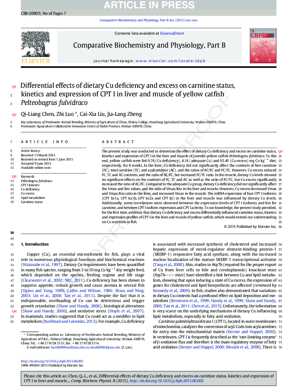 Differential effects of dietary Cu deficiency and excess on carnitine status, kinetics and expression of CPT I in liver and muscle of yellow catfish Pelteobagrus fulvidraco