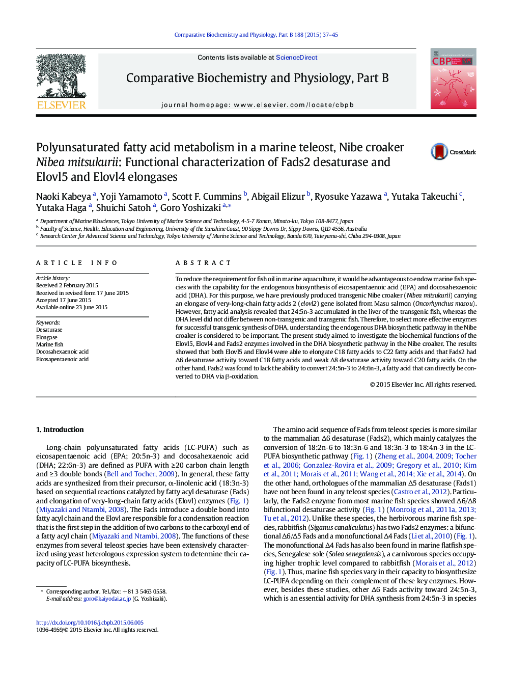 Polyunsaturated fatty acid metabolism in a marine teleost, Nibe croaker Nibea mitsukurii: Functional characterization of Fads2 desaturase and Elovl5 and Elovl4 elongases