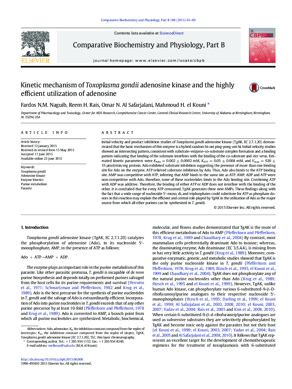 Kinetic mechanism of Toxoplasma gondii adenosine kinase and the highly efficient utilization of adenosine