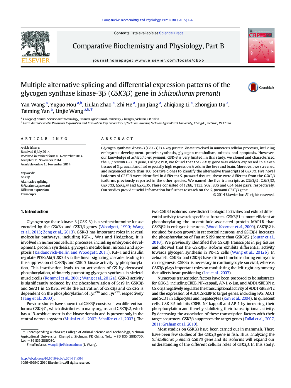 Multiple alternative splicing and differential expression patterns of the glycogen synthase kinase-3β (GSK3β) gene in Schizothorax prenanti