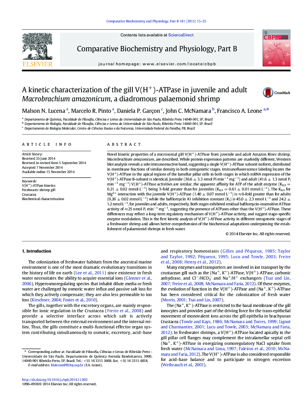 A kinetic characterization of the gill V(H+)-ATPase in juvenile and adult Macrobrachium amazonicum, a diadromous palaemonid shrimp