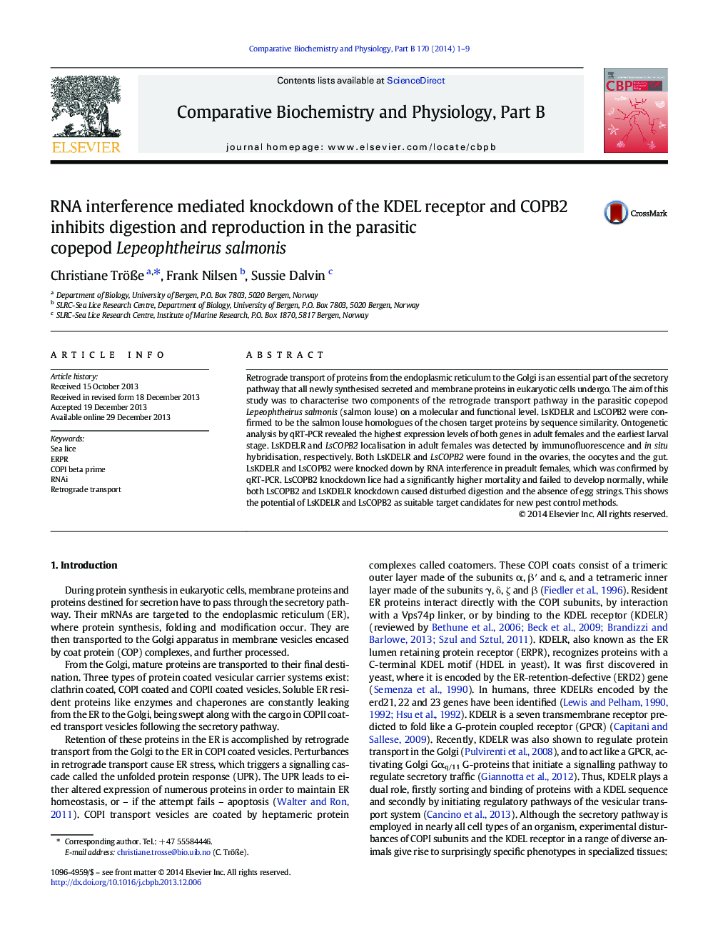 RNA interference mediated knockdown of the KDEL receptor and COPB2 inhibits digestion and reproduction in the parasitic copepod Lepeophtheirus salmonis