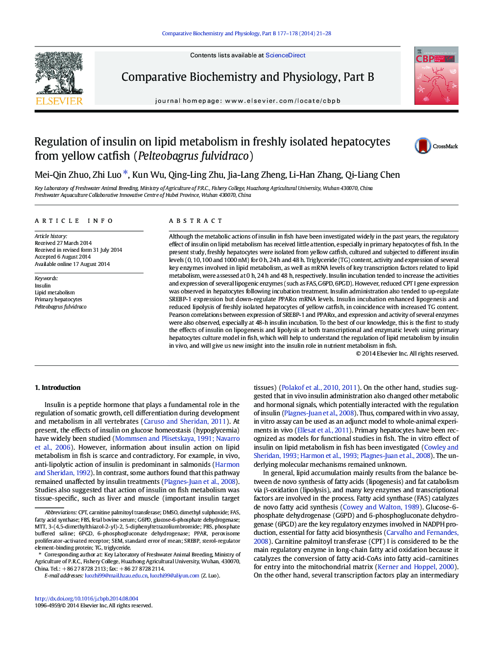 Regulation of insulin on lipid metabolism in freshly isolated hepatocytes from yellow catfish (Pelteobagrus fulvidraco)