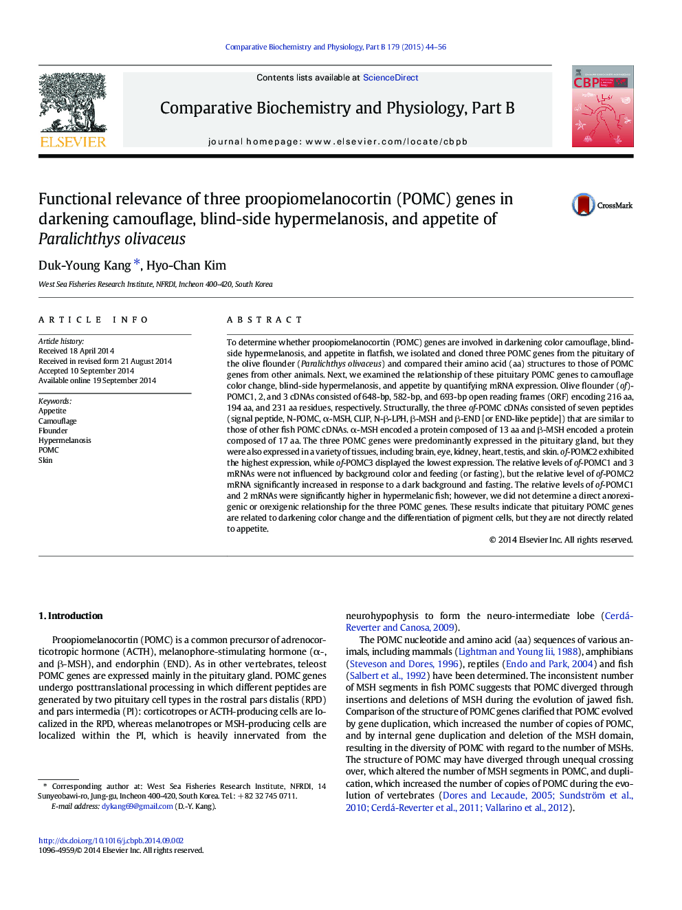 Functional relevance of three proopiomelanocortin (POMC) genes in darkening camouflage, blind-side hypermelanosis, and appetite of Paralichthys olivaceus