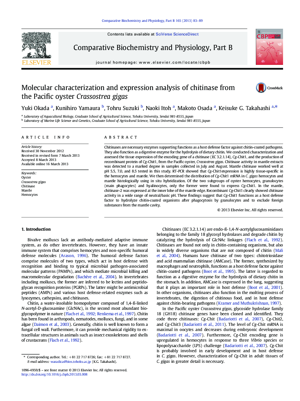 Molecular characterization and expression analysis of chitinase from the Pacific oyster Crassostrea gigas