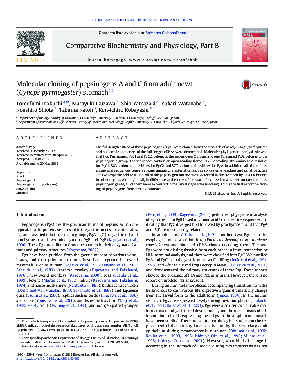 Molecular cloning of pepsinogens A and C from adult newt (Cynops pyrrhogaster) stomach