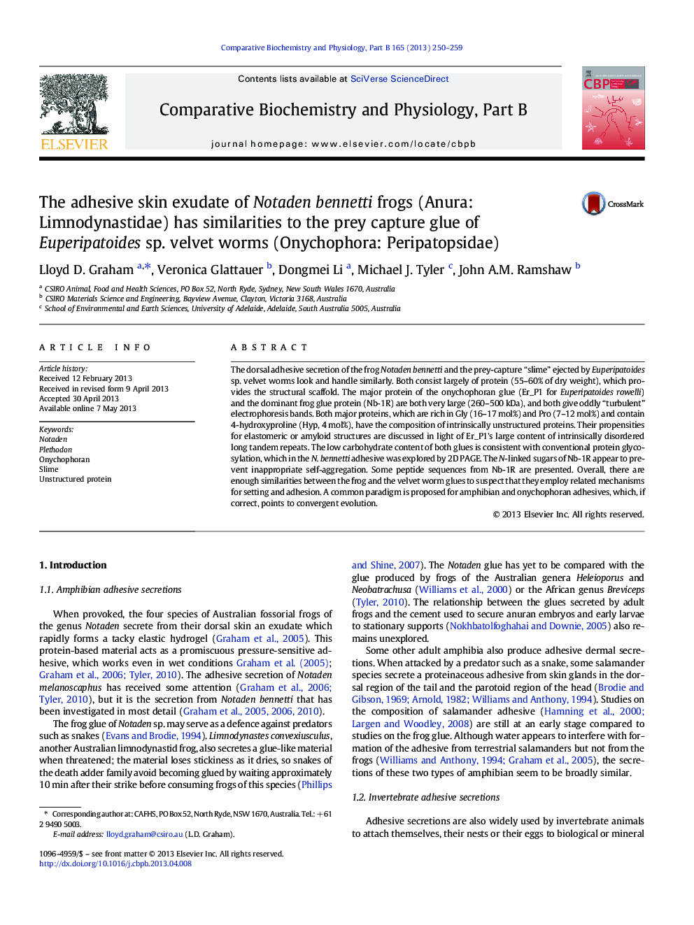 The adhesive skin exudate of Notaden bennetti frogs (Anura: Limnodynastidae) has similarities to the prey capture glue of Euperipatoides sp. velvet worms (Onychophora: Peripatopsidae)