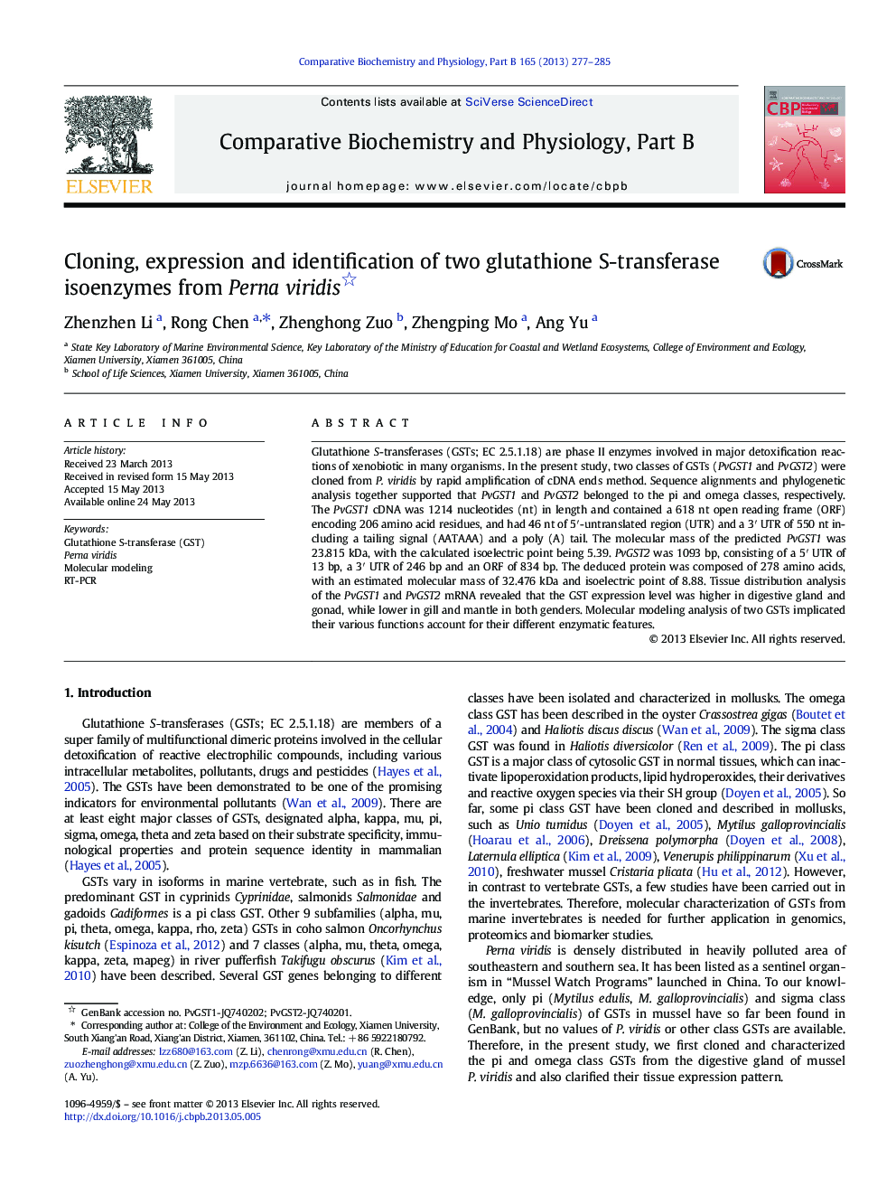 Cloning, expression and identification of two glutathione S-transferase isoenzymes from Perna viridis 