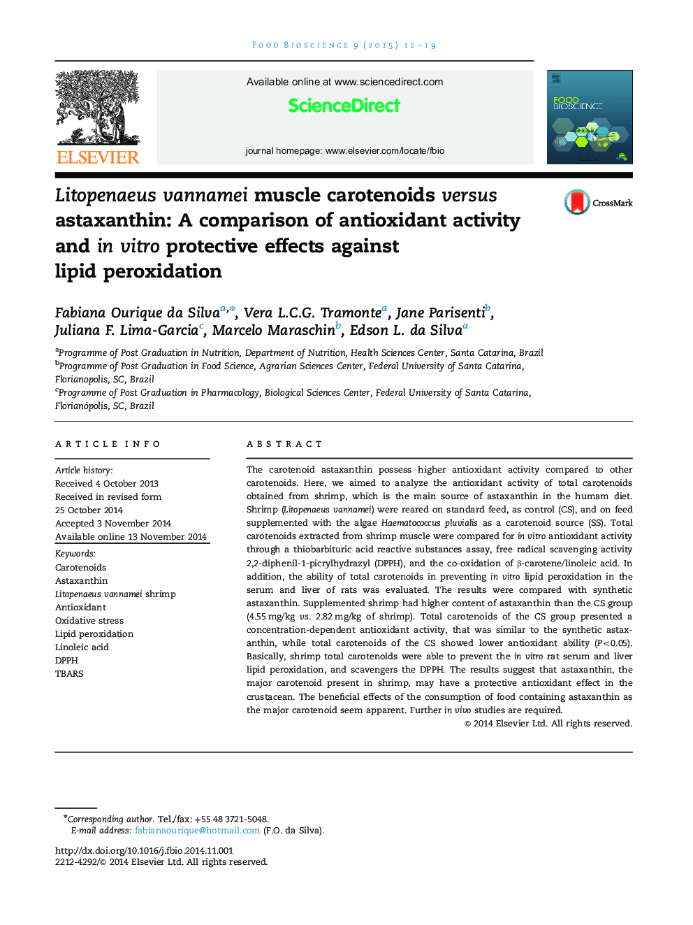 Litopenaeus vannamei muscle carotenoids versus astaxanthin: A comparison of antioxidant activity and in vitro protective effects against lipid peroxidation