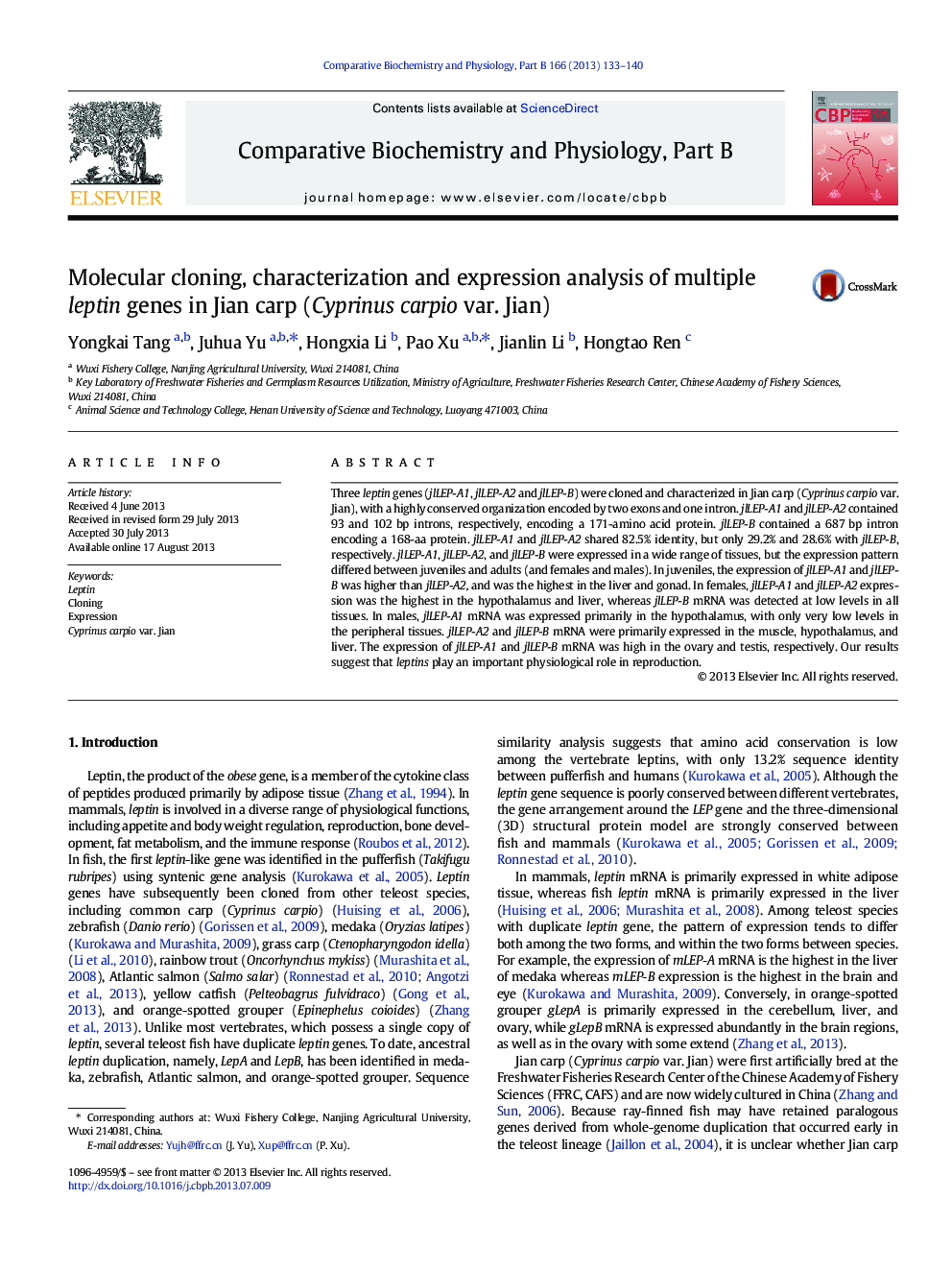 Molecular cloning, characterization and expression analysis of multiple leptin genes in Jian carp (Cyprinus carpio var. Jian)