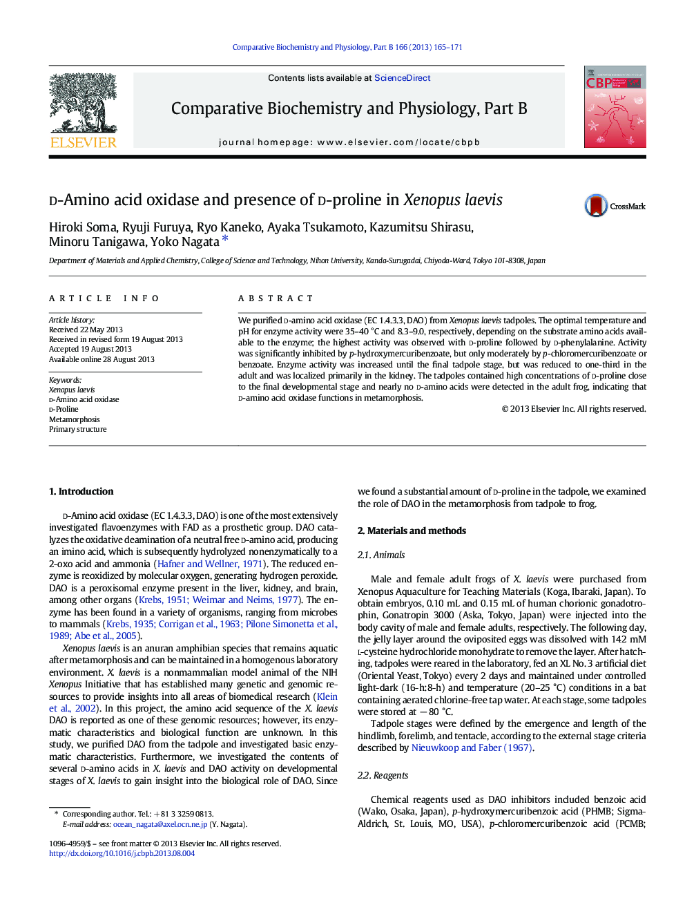 d-Amino acid oxidase and presence of d-proline in Xenopus laevis