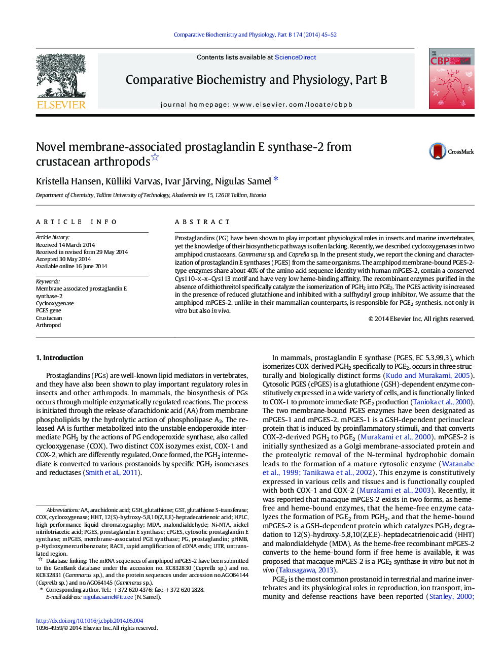 Novel membrane-associated prostaglandin E synthase-2 from crustacean arthropods